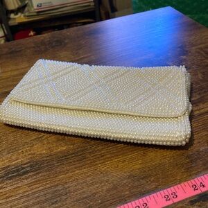 Vintage Bon Soir white pearl fold over clutch
